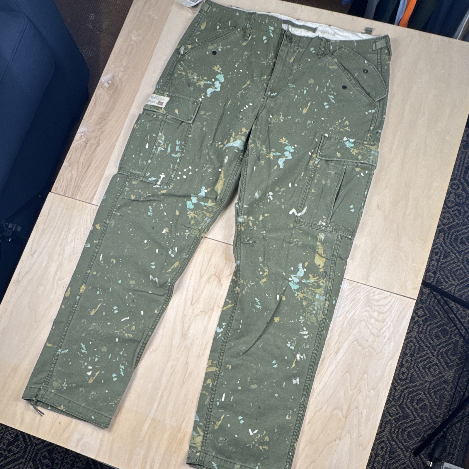 Denim & Supply Ralph Lauren Slim Cargo Pants Green Paint Splatter 38 x 32