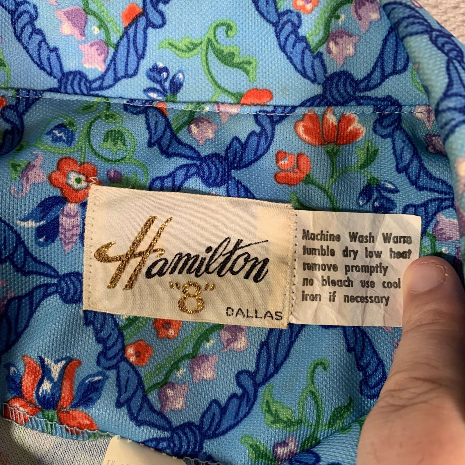 Vintage Hamilton Blouse Womens Size 14A Blue Floral Tunic Collared 70s Polyester