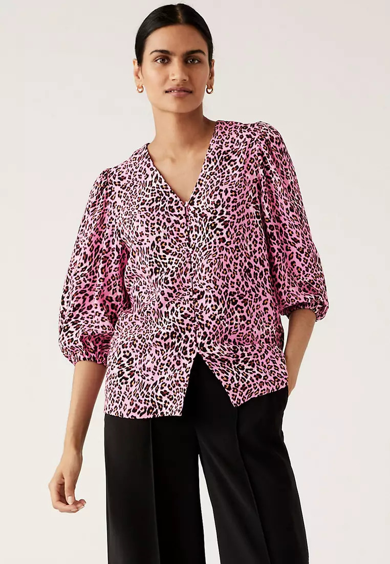 M&S Pink Leopard Animal Print Blouse Size 24 V Neck Blouson 3/4 Sleeve