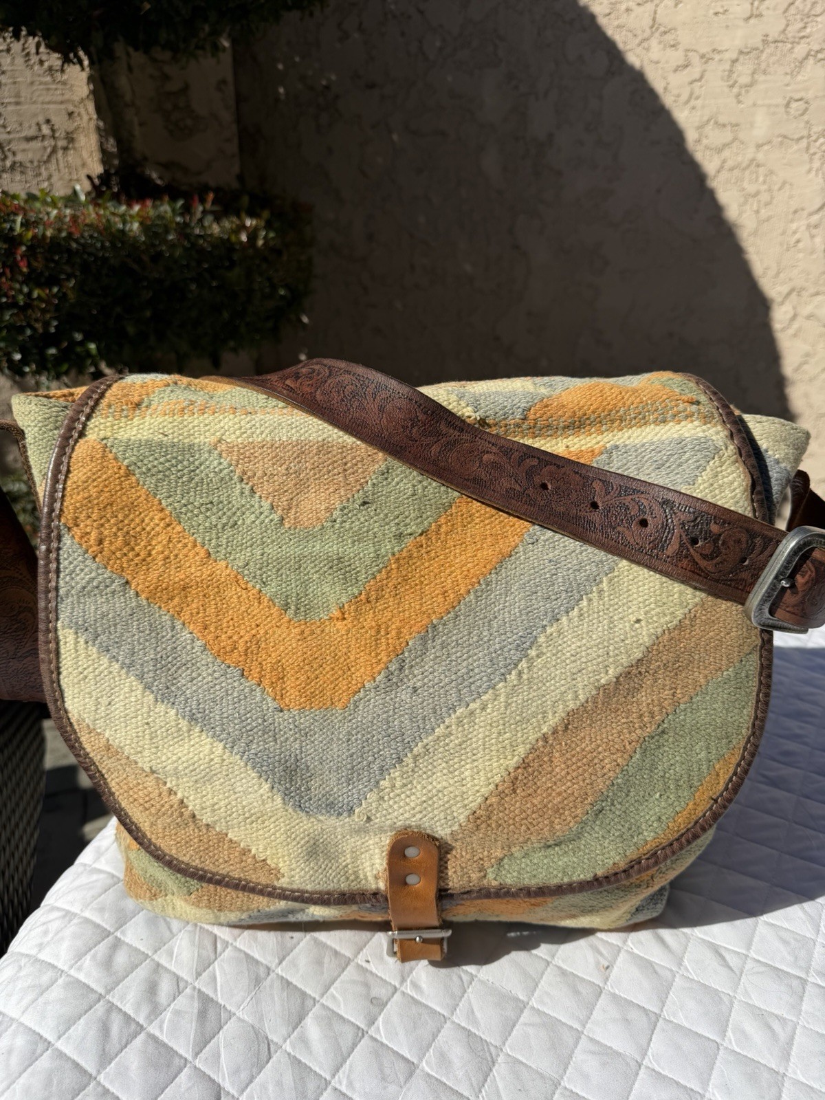Will Leather Goods Dhurrie Tooled Messenger Bag Native American Woven Southwest