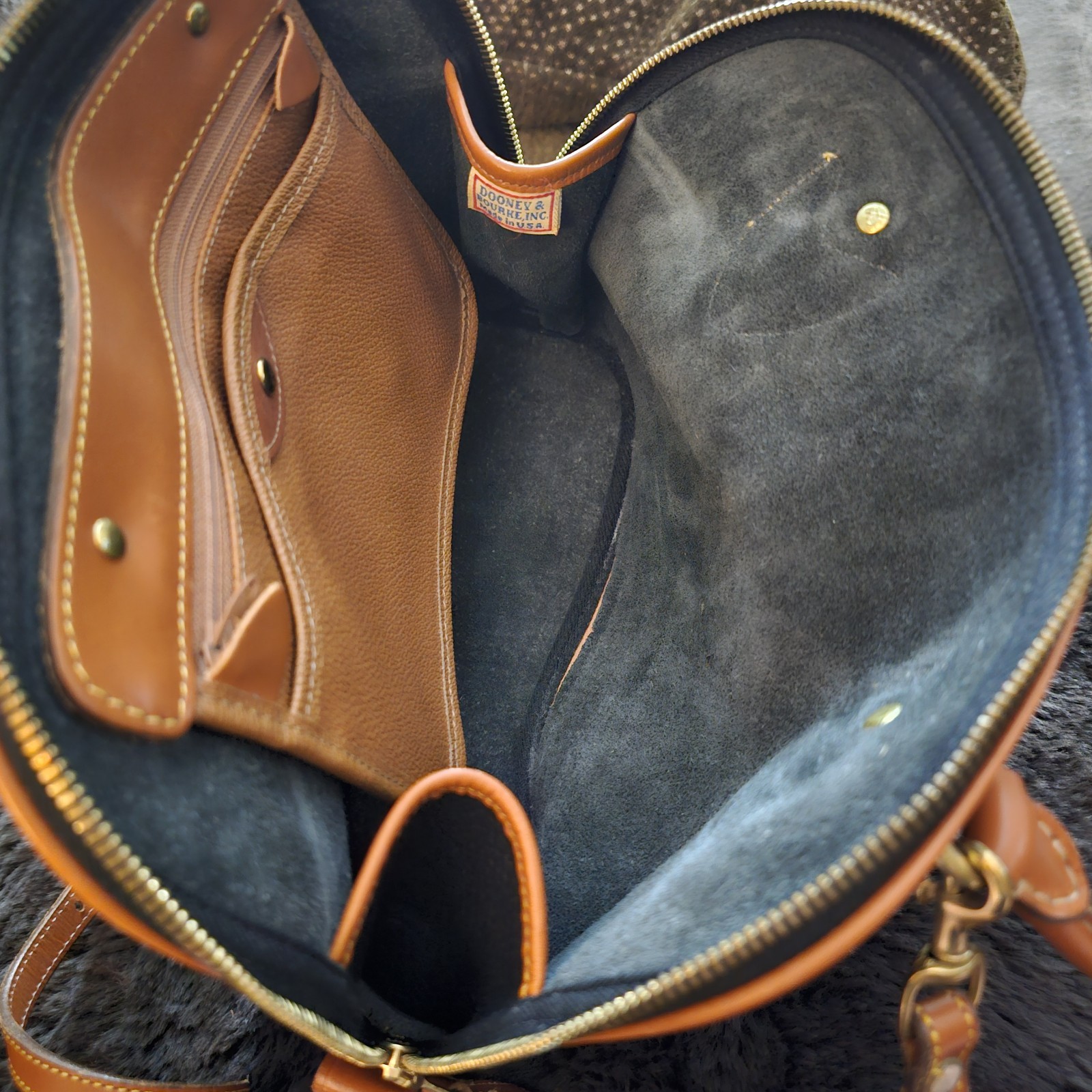 Vintage Dooney Bourke All Weather Leather Norfolk Satchel Navy Tan Made In USA