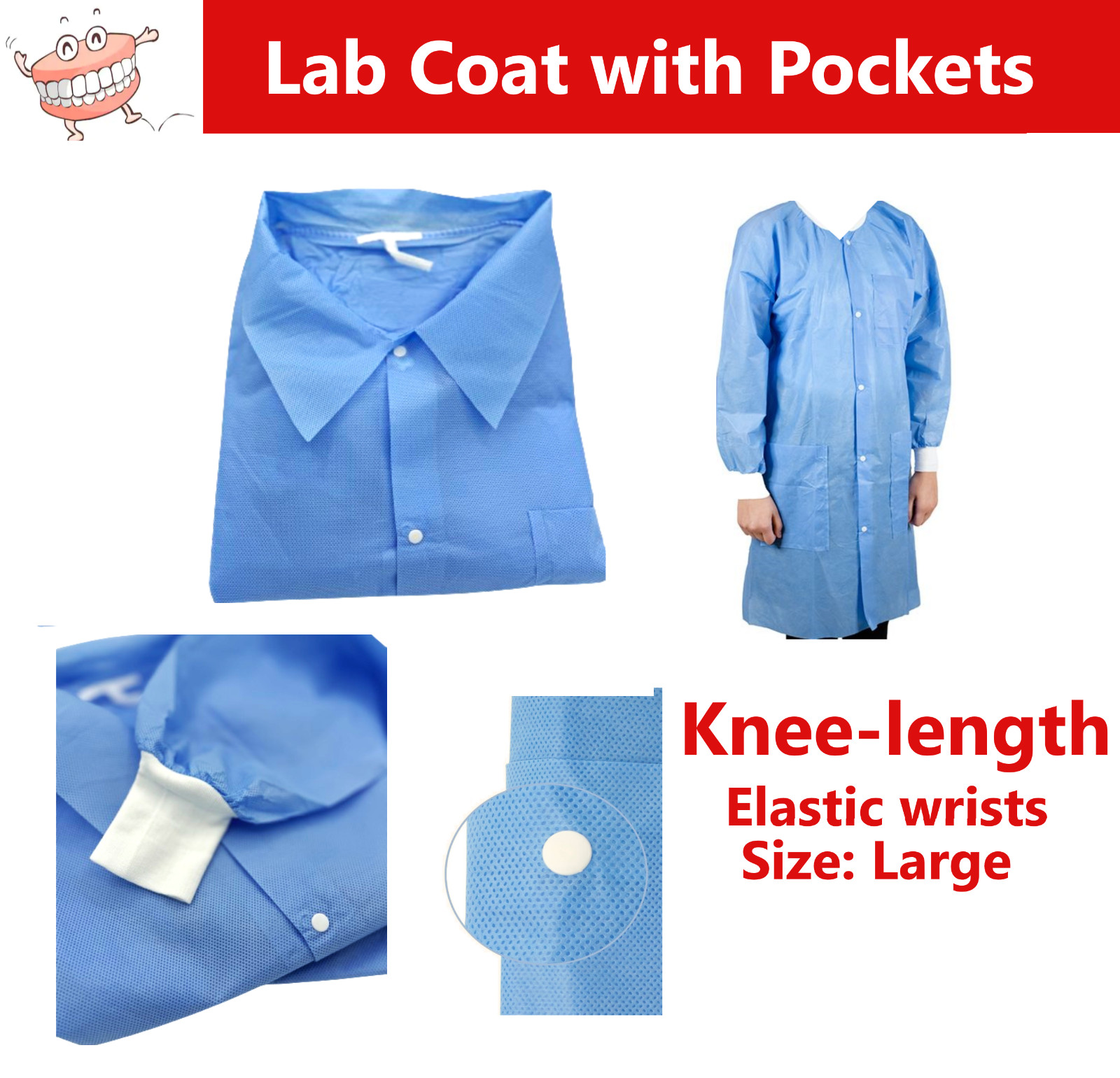 30 PCS DISPOSABLE BLUE LAB COAT, 3 POCKETS , S/M/L/XL/XXL, UNISEX