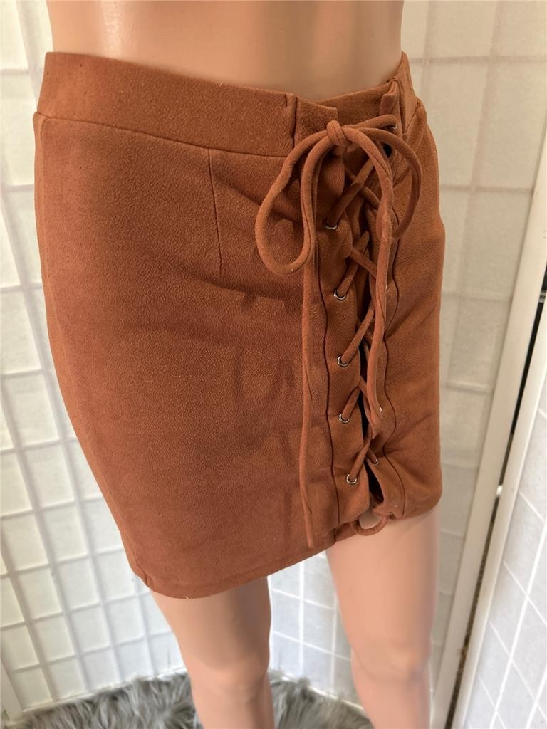 Women’s Windsor Small Brick Brown Lace Up Elastic Waist Microfiber Mini Skirt