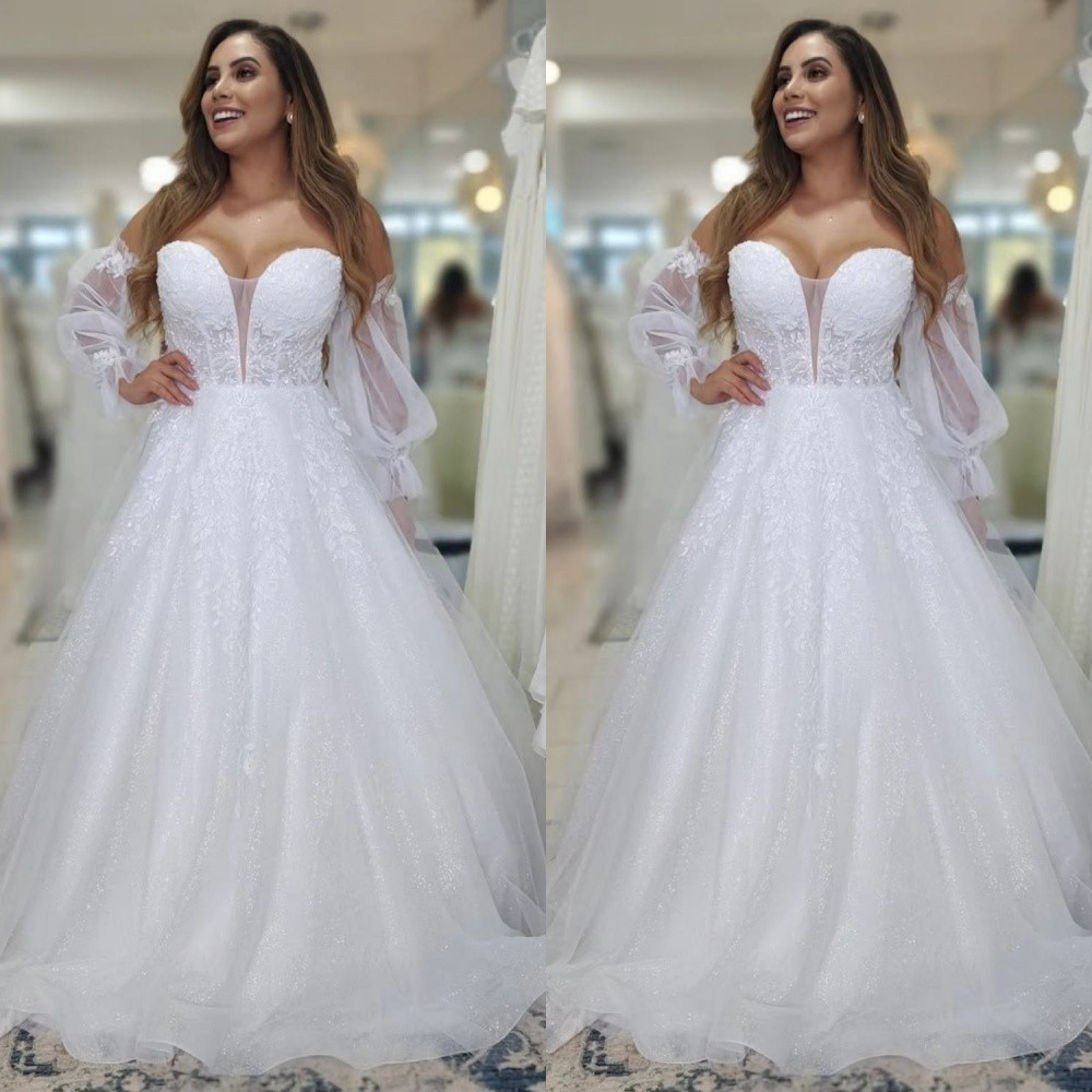 Classic Wedding Dresses With Detachable Sleeves Lace Appliques Bridal Gowns