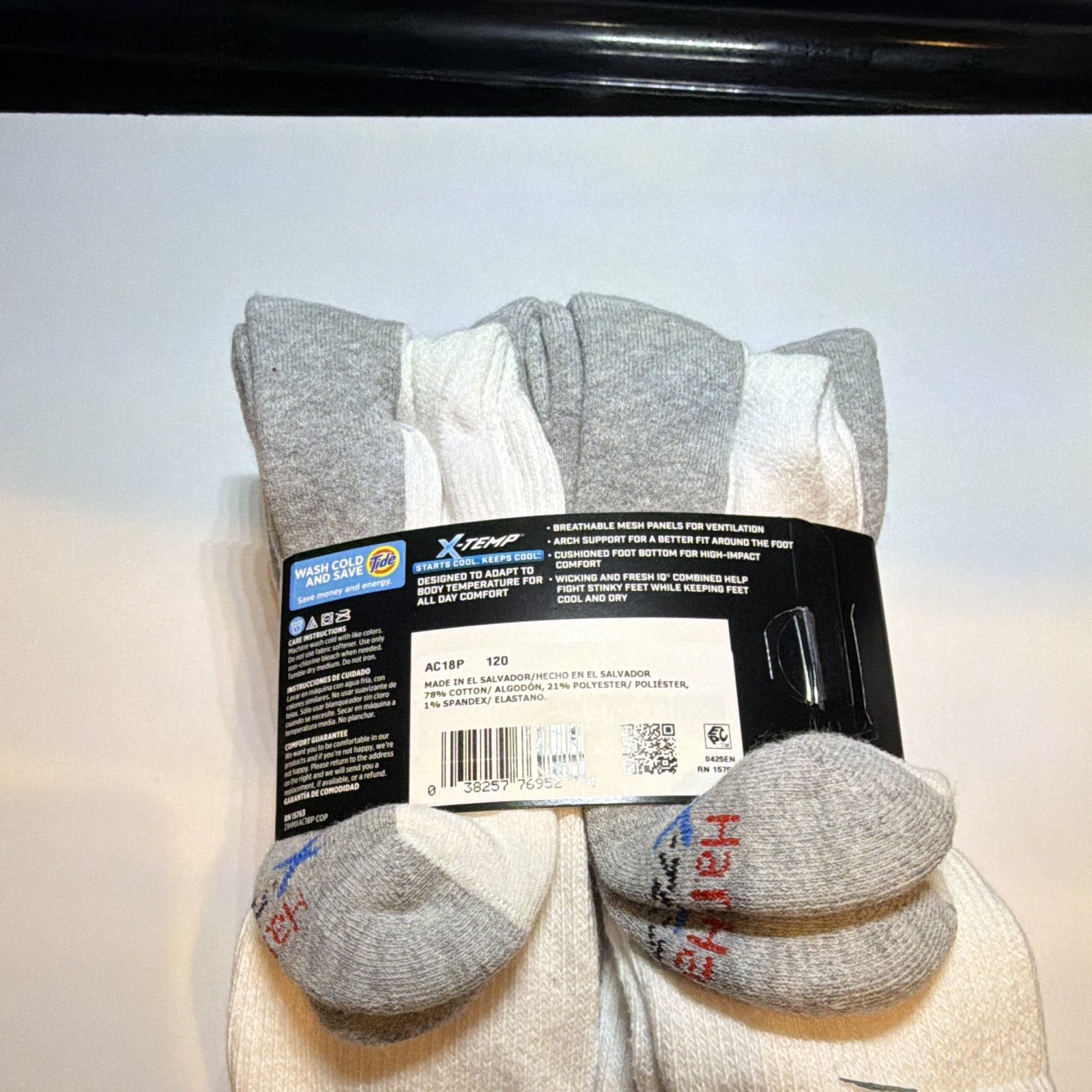 Hanes X-Temp 12 Pairs Crew Socks Big & Tall 12-14 White/Gray Cushioned