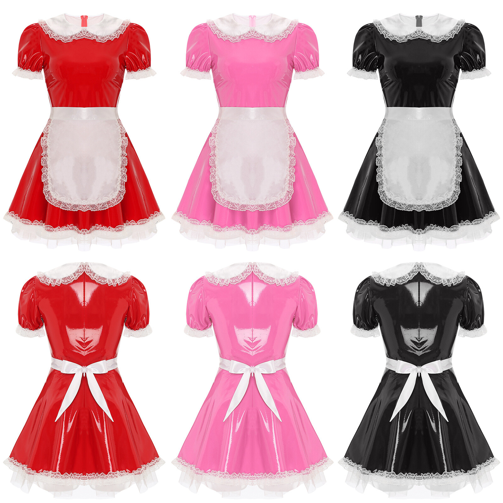 US Womens Uniform Outfit French Maid Costume A-Line Servant Dress Patent Leather