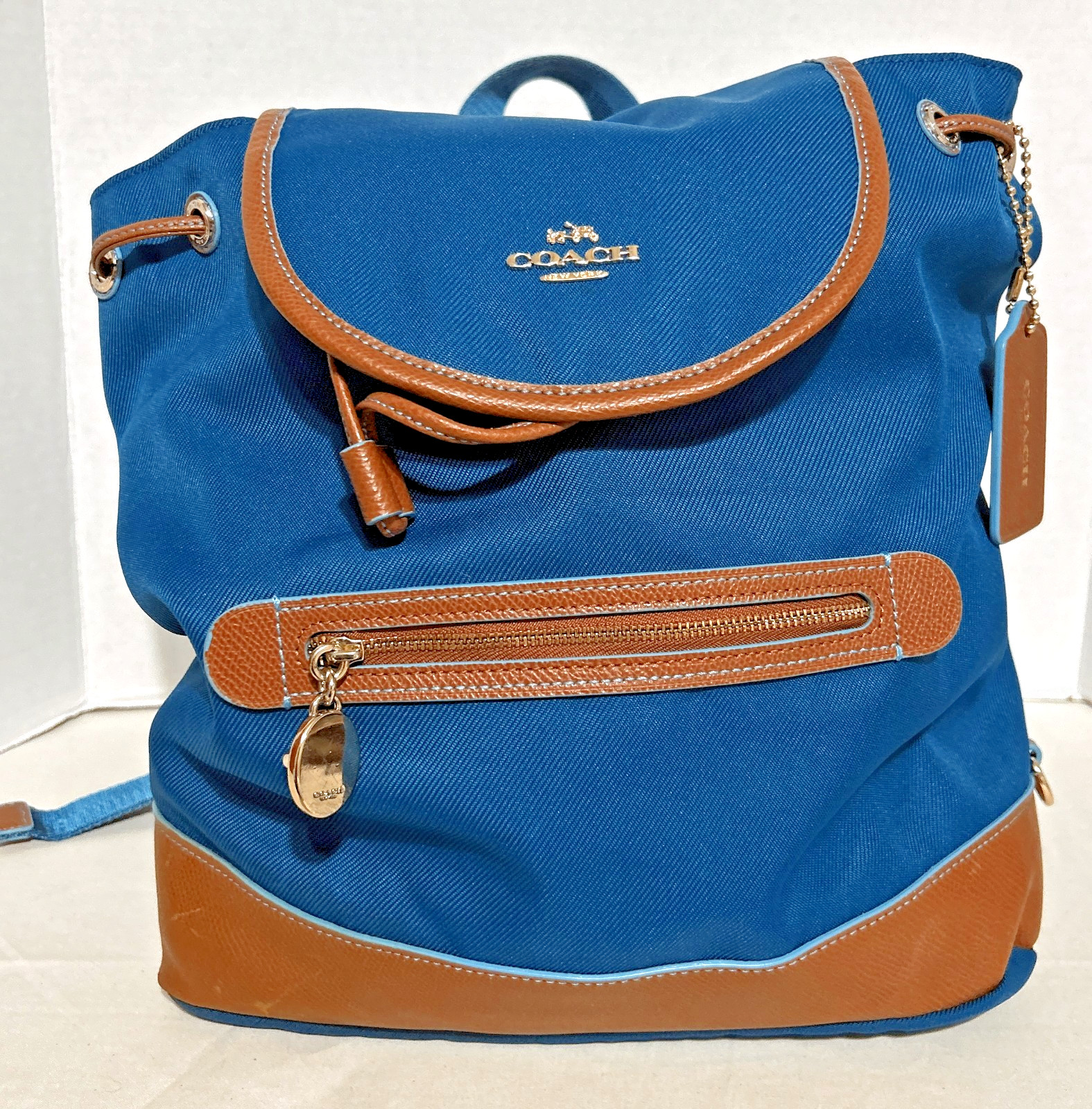Coach Sawyer Backpack 37240 Canvas Nylon Leather Bright Mineral Blue Drawstring