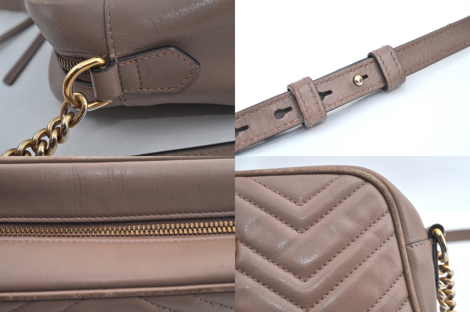 Auth GUCCI GG Marmont Chain Shoulder Cross Body Bag Leather 447632 Beige AA174