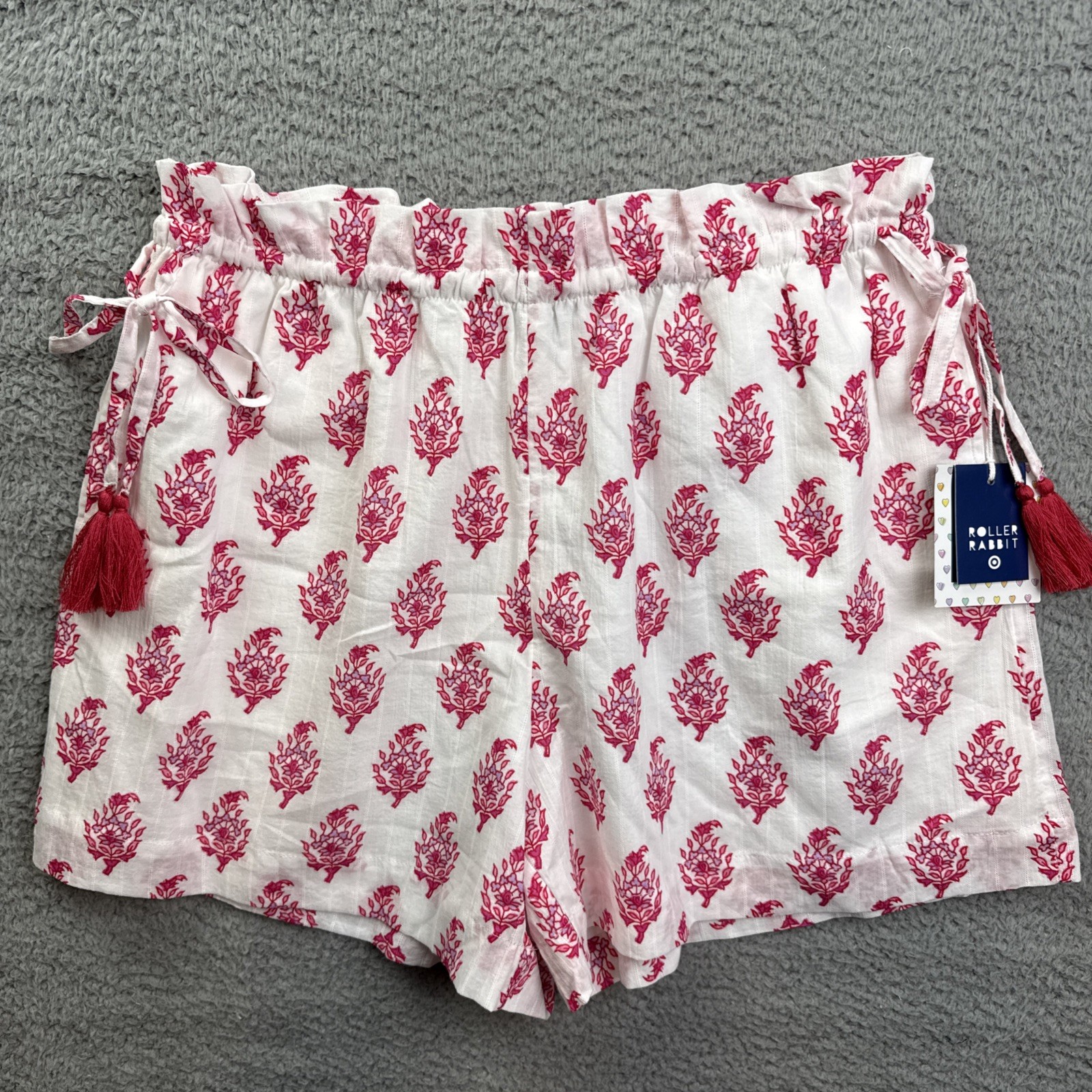 Roller Rabbit Shorts Womens Medium White Floral Gauze Paperbag Tassel Side Tie