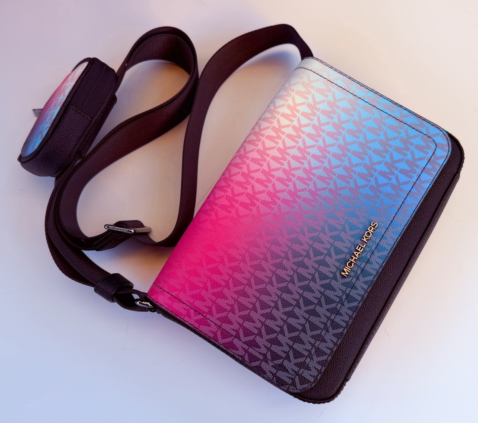 Michael Kors Cooper Flap Crossbody Bag + Pouch MK Ombre Dark Raspberry Multi