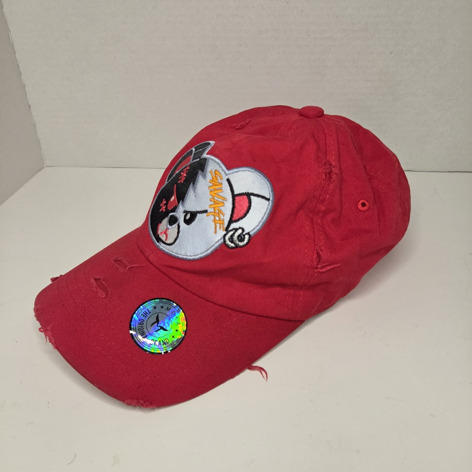 MUKA Headwear Red Savage Teddy Bear Hat Strapback Cap Distressed Style