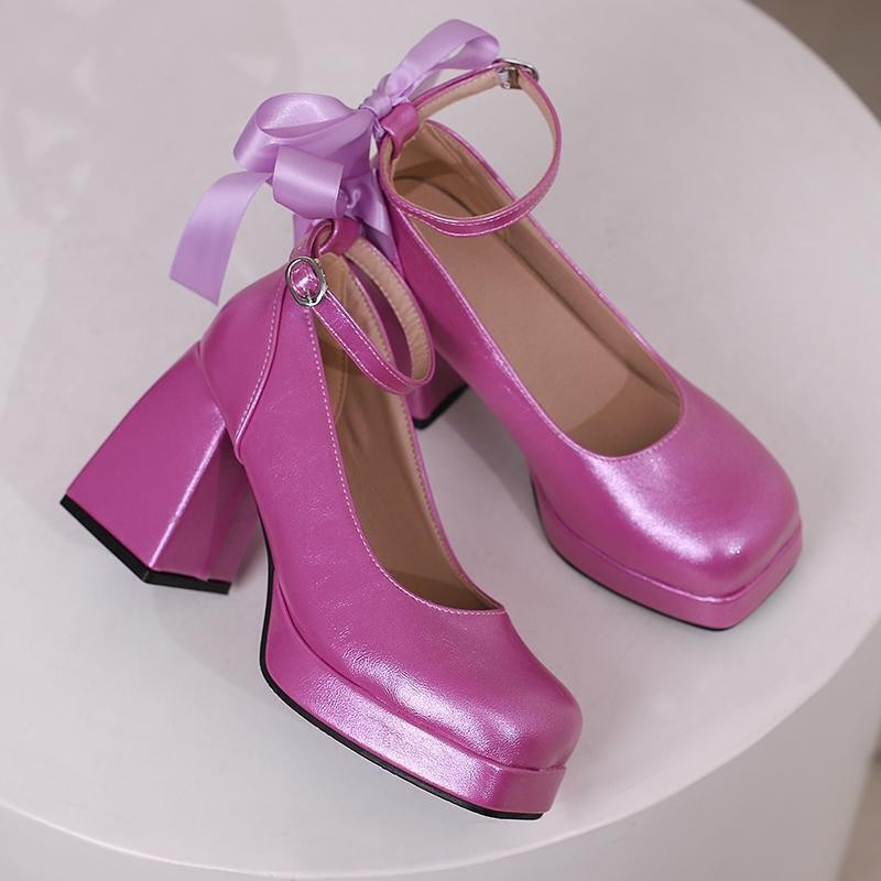Women’s Square Toe Platform Block Heel Bow Shoes Dress Party Prom Pump Plus Size