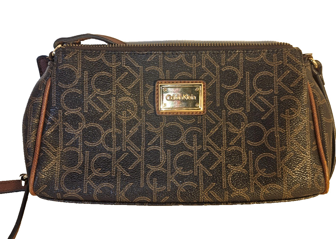 Calvin Klein CK Monogram Brown Crossbody Bag Adjustable Strap Gold Hardware