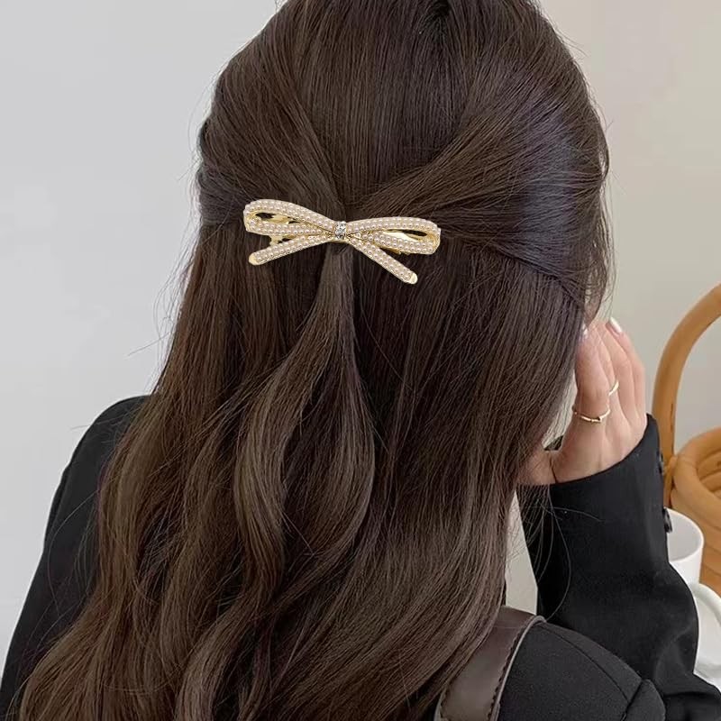 French Bow Crystal Rhinestone Pearl Hair Clips Barrette Gold Bridal Wedding