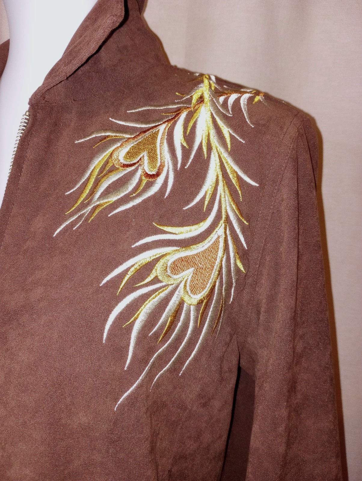 Bob Mackie Vtg Phoenix Wearable Art embroider zip jacket brown faux suede Small