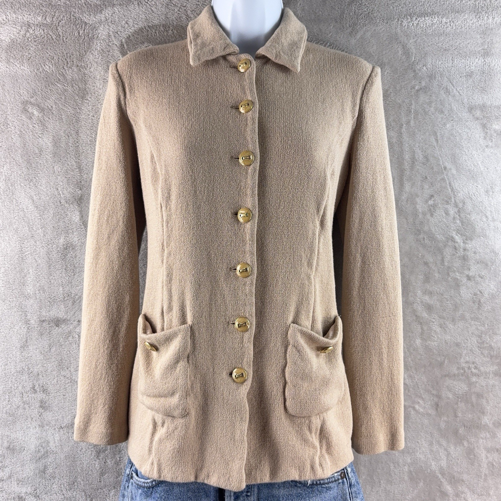 St. John Collection Jacket Womens Size Small Beige Santana Knit Gold Button