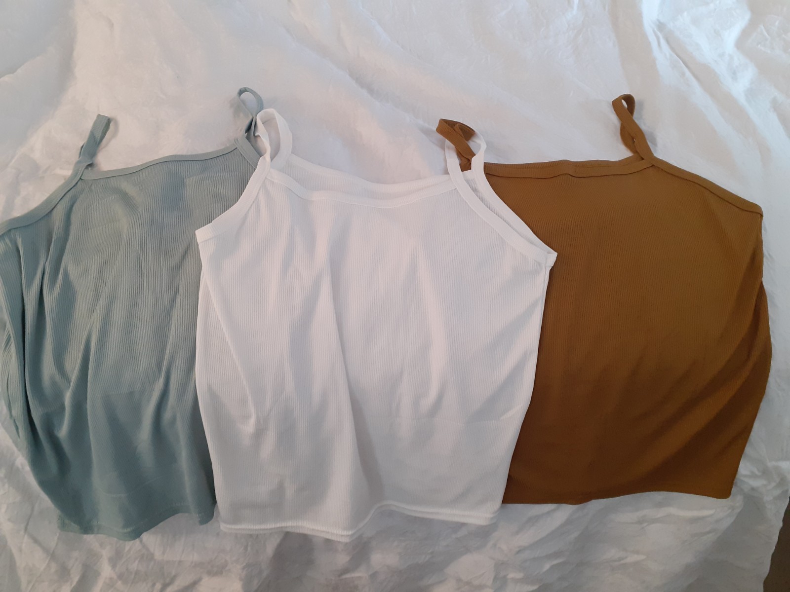 3 ladies tops ribbed string strap vest tops light green white brown size s/m new