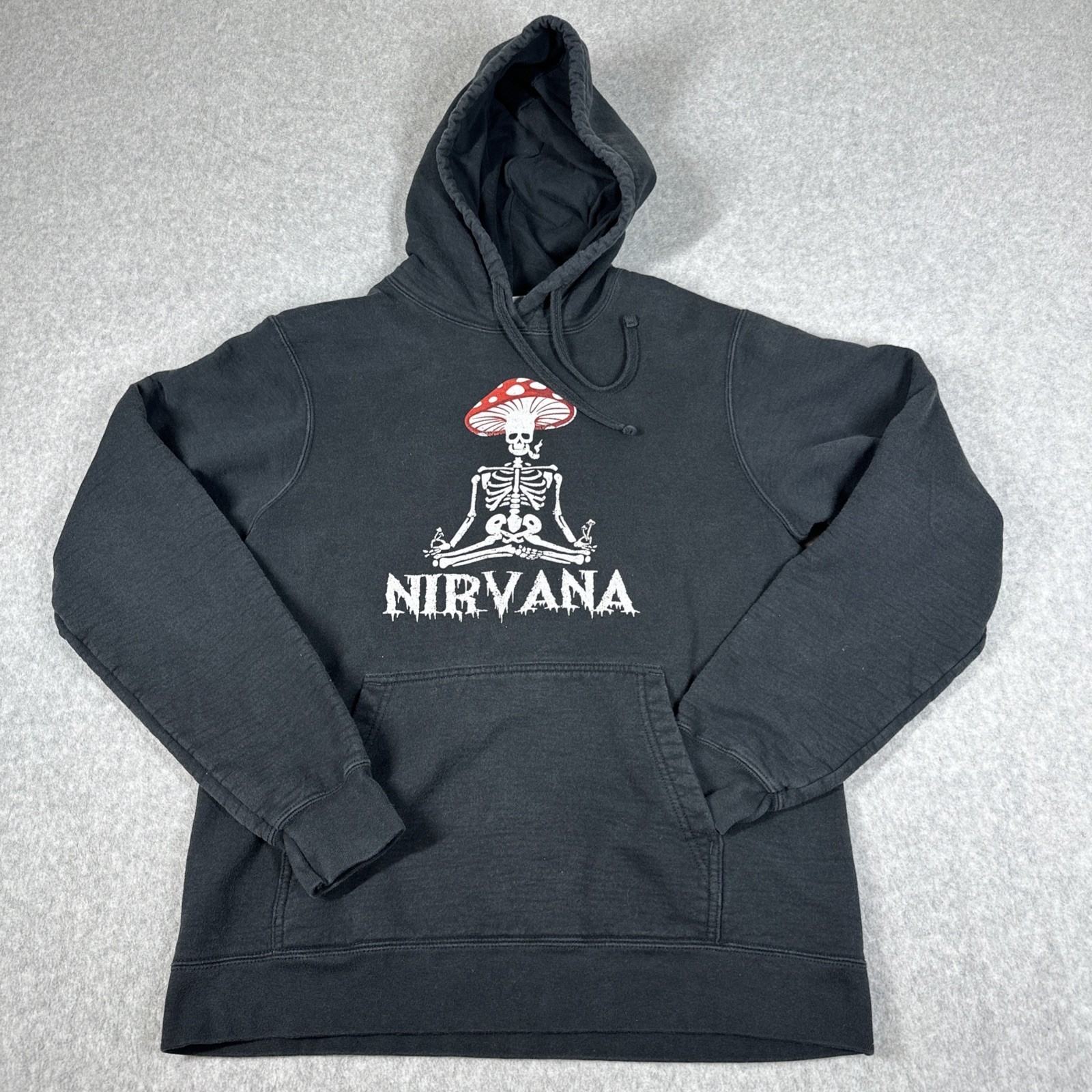 Nirvana Mushroom Head Skeleton Drawstring Hoodie Unisex Size M Black Grunge Art