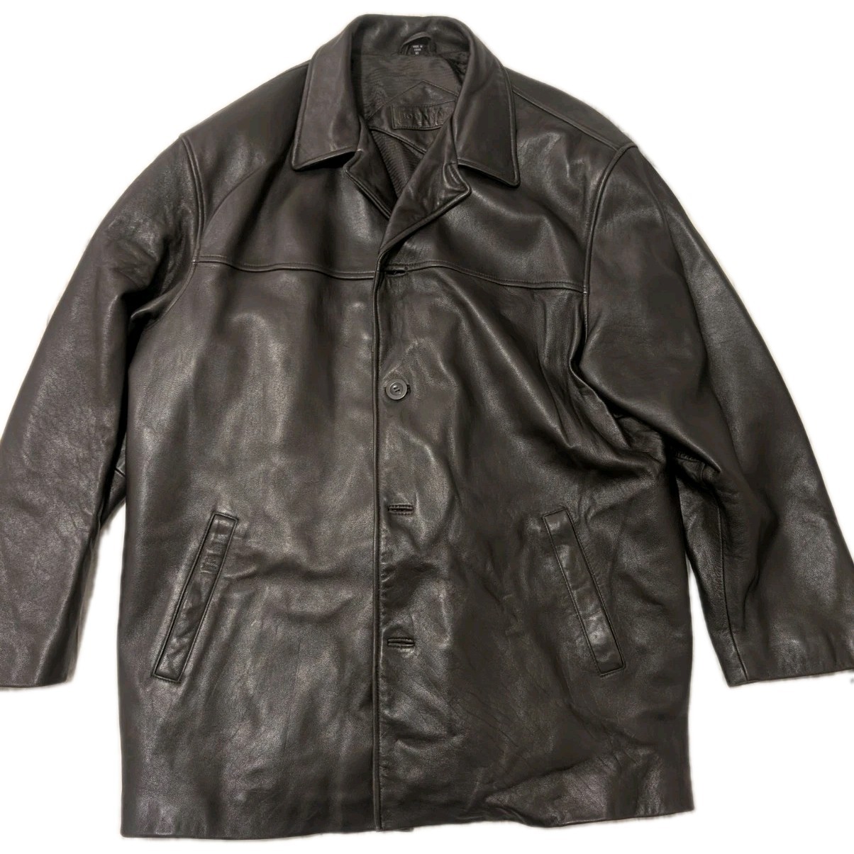Bostonian Men’s Black Leather Button-Front Overcoat Point Collar Lined XL