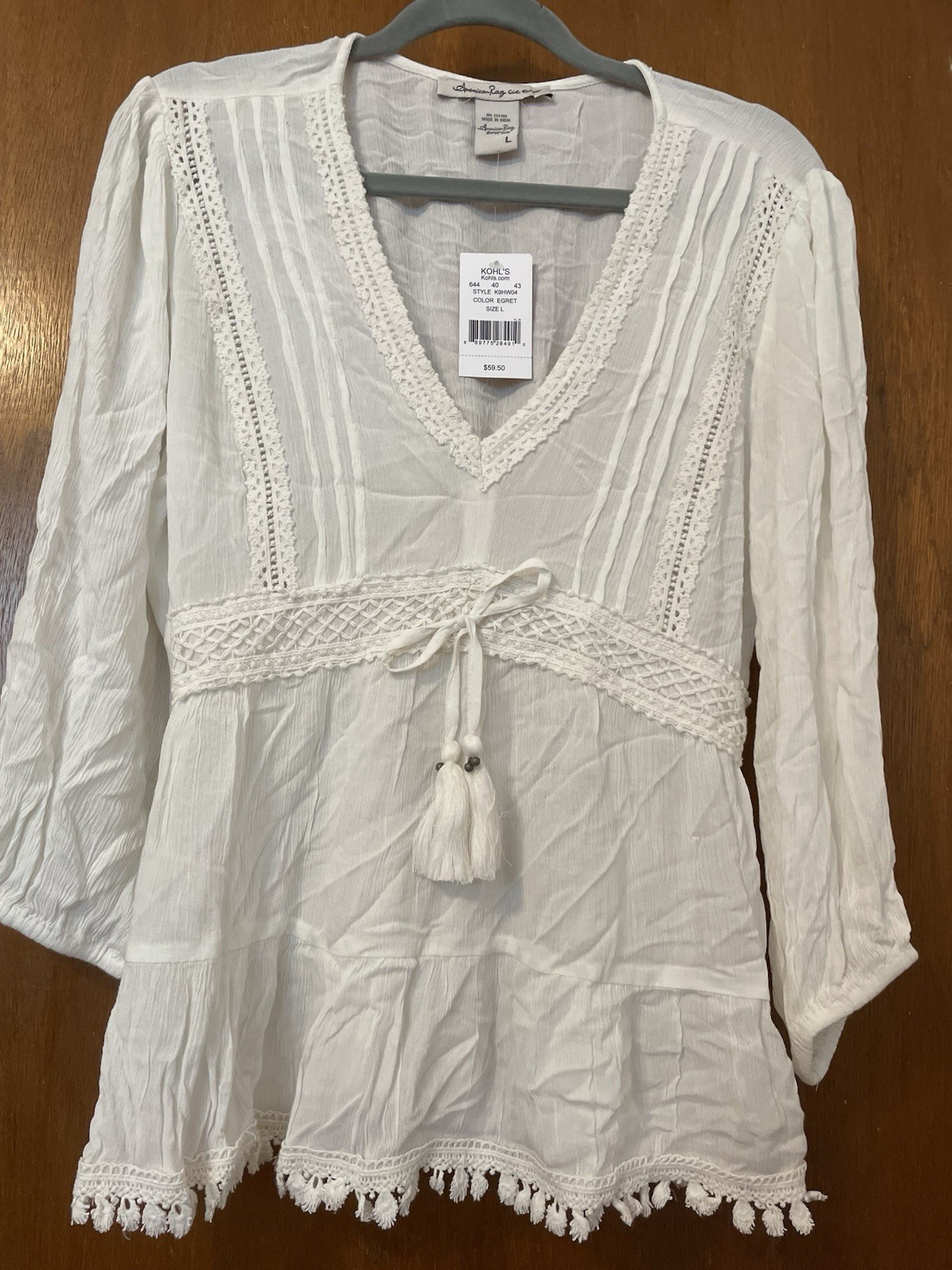 American Rag New With Tags White Boho Top Long Sleeve Lace Size L