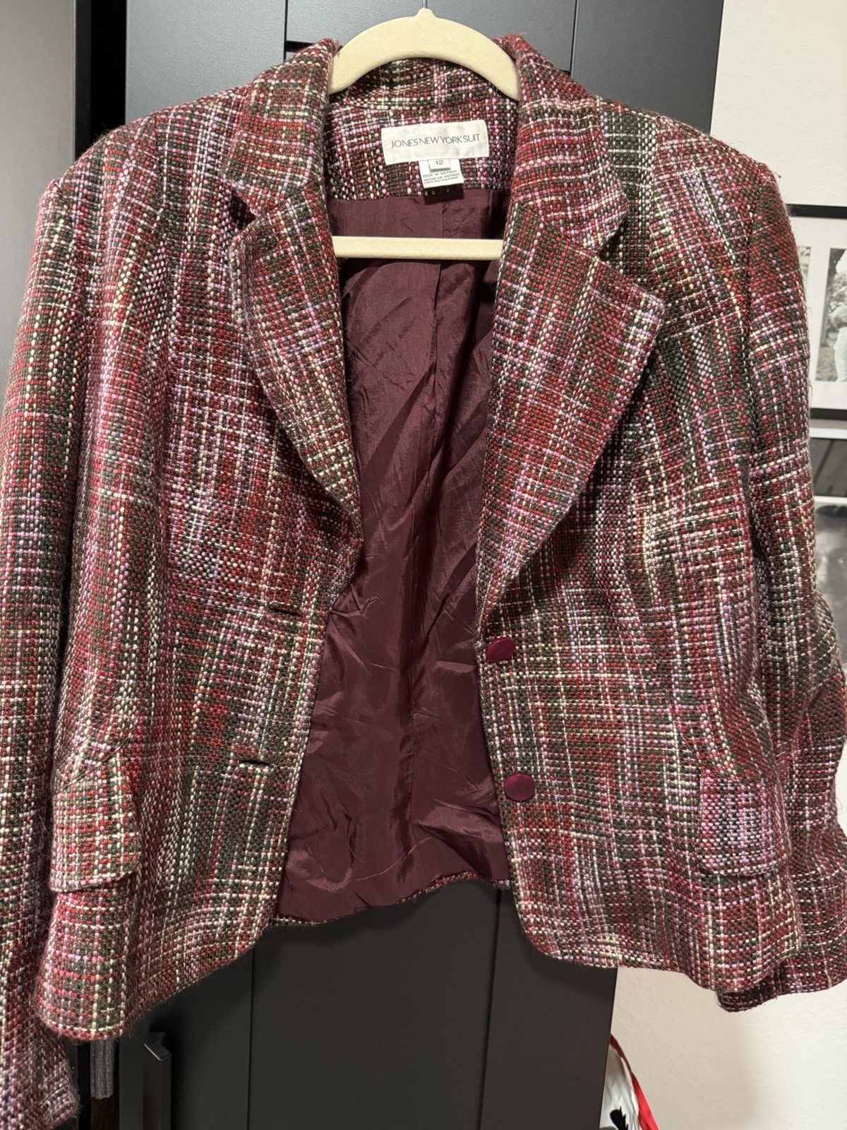Jones New York Deep Red, Burgundy, & Pink Plaid Boucle Cropped Jacket