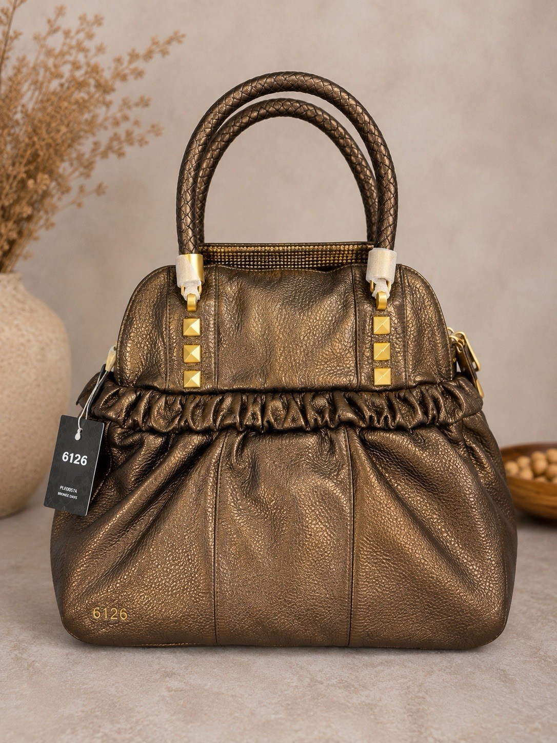 6126 Bronze Metallic Satchel Handbag Pyramid Studs Braided Handles NWT