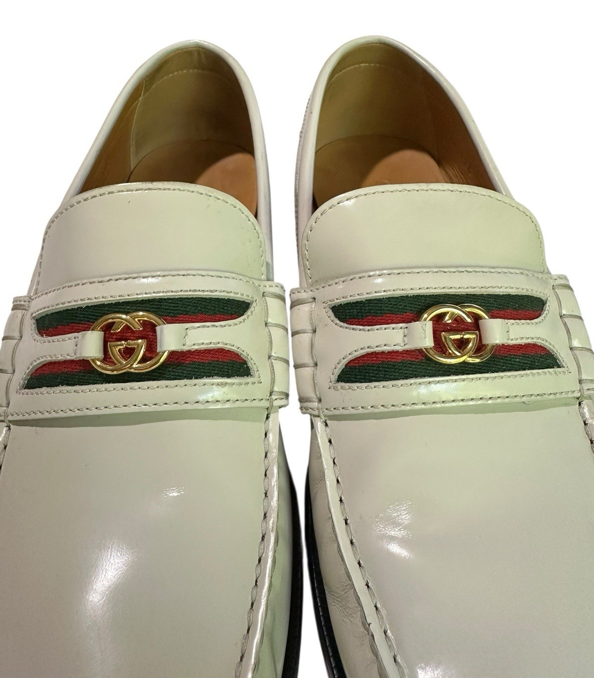 Men Genuine GUCCI Kaveh Webbing White Leather Loafers Shoes GG logo 9.5 US