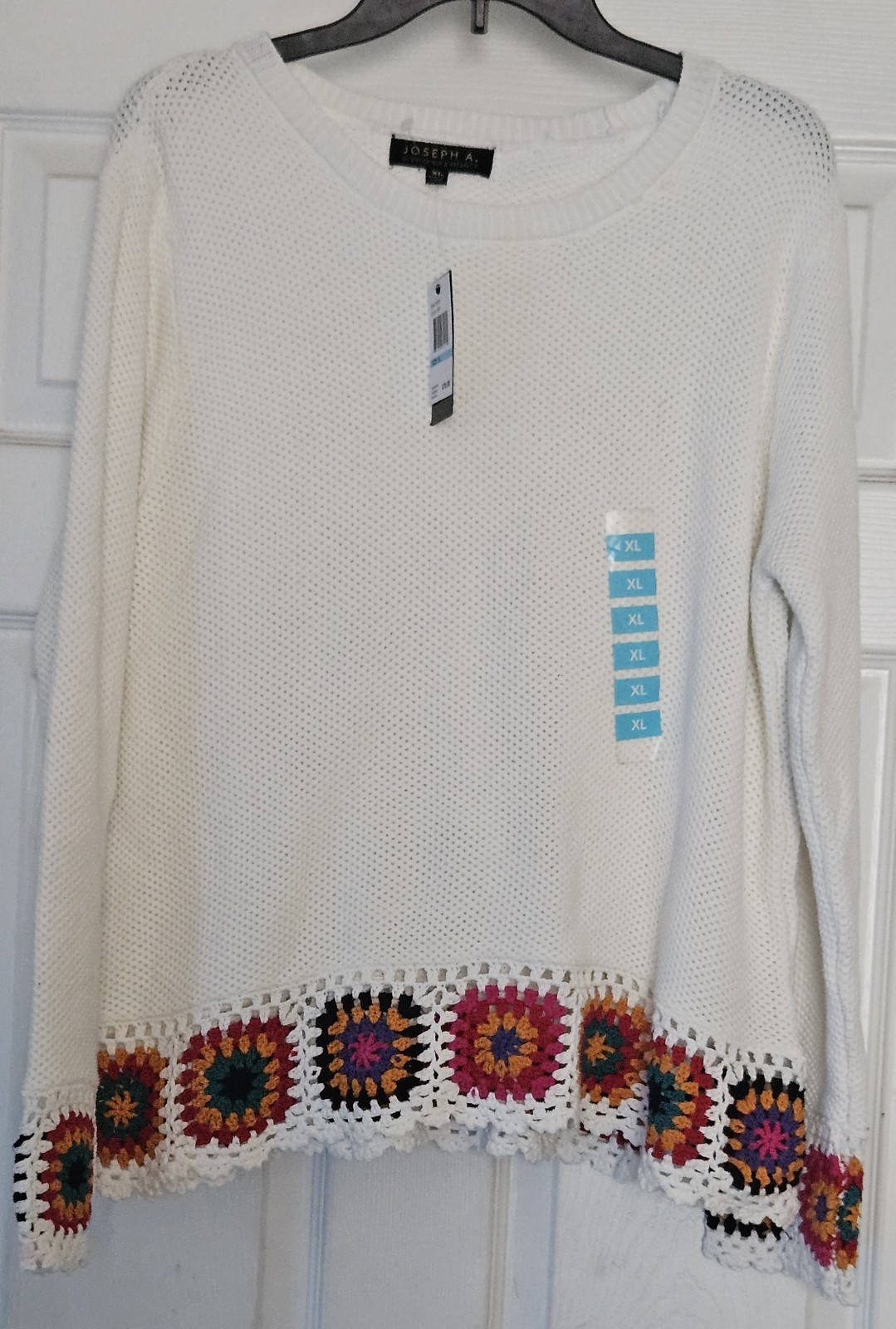 Joseph A. Women Indie Crochet Knit Ivory Multicolor Sweater Size XL NWT