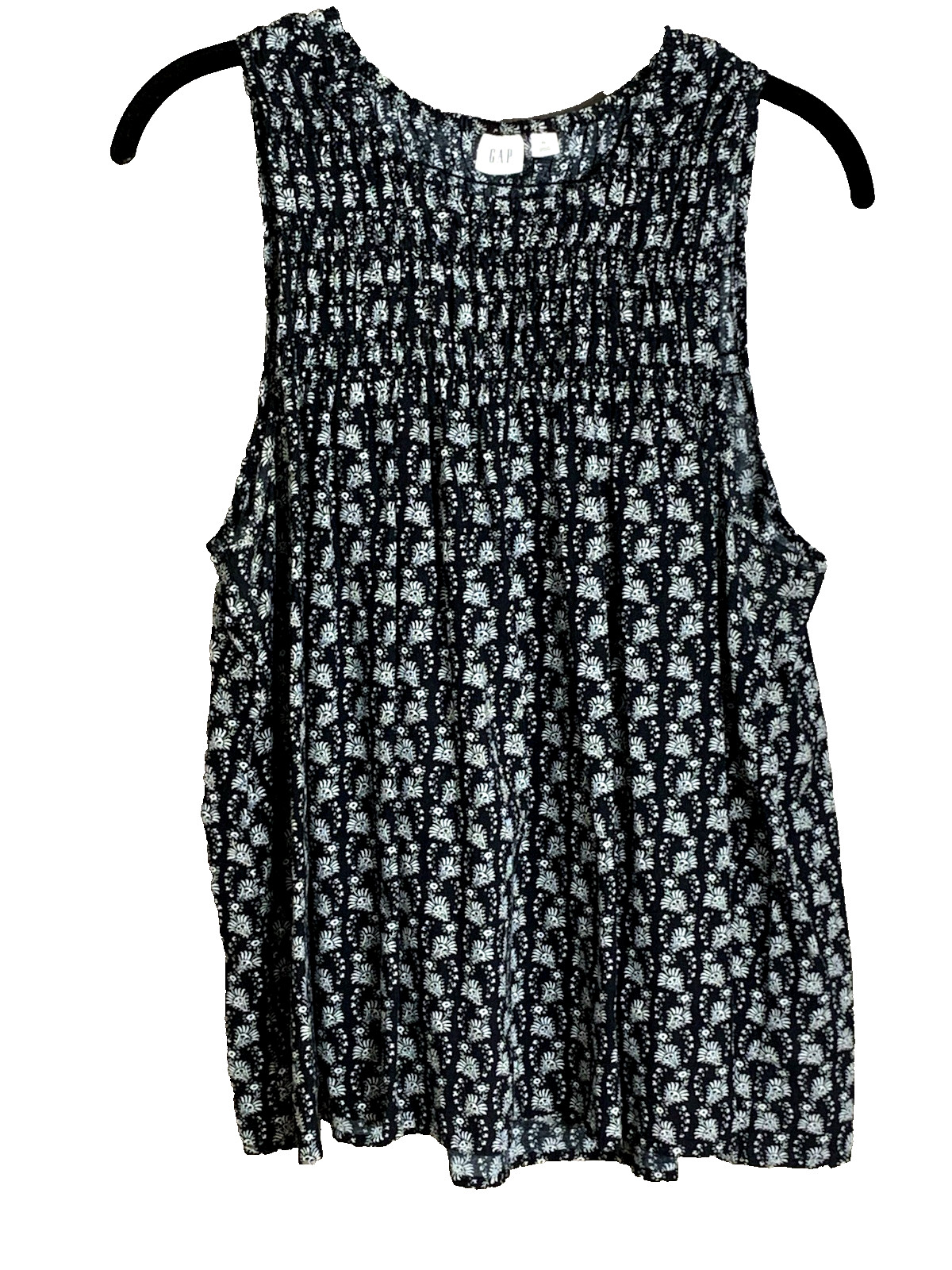 GAP Women’s Size M Cotton Blend Sleeveless Floral Smocked Top Black White