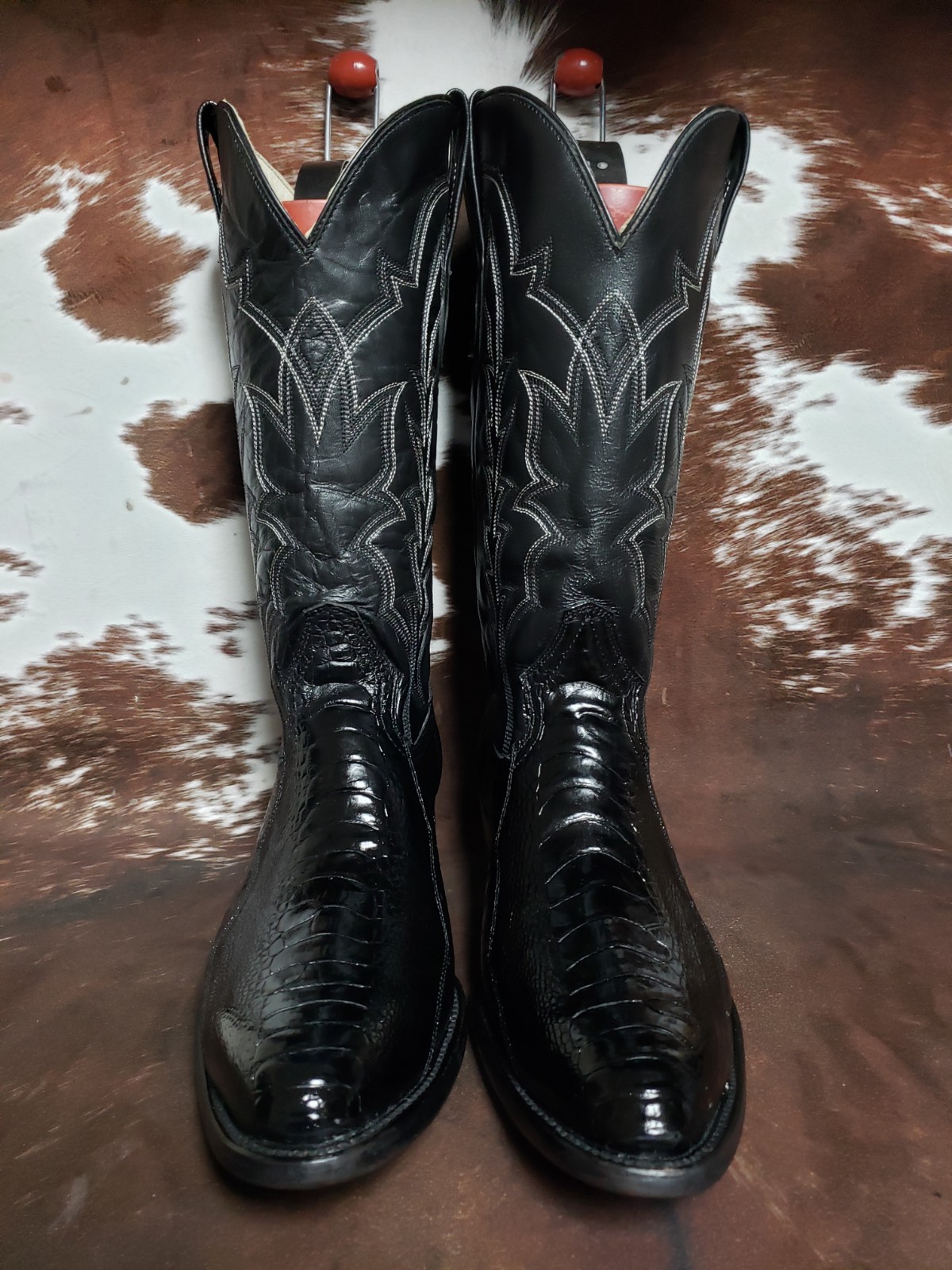 J Chisholm Vintage Genuine Ostrich Leg Black Western Cowboy Boots Mens 12 EE