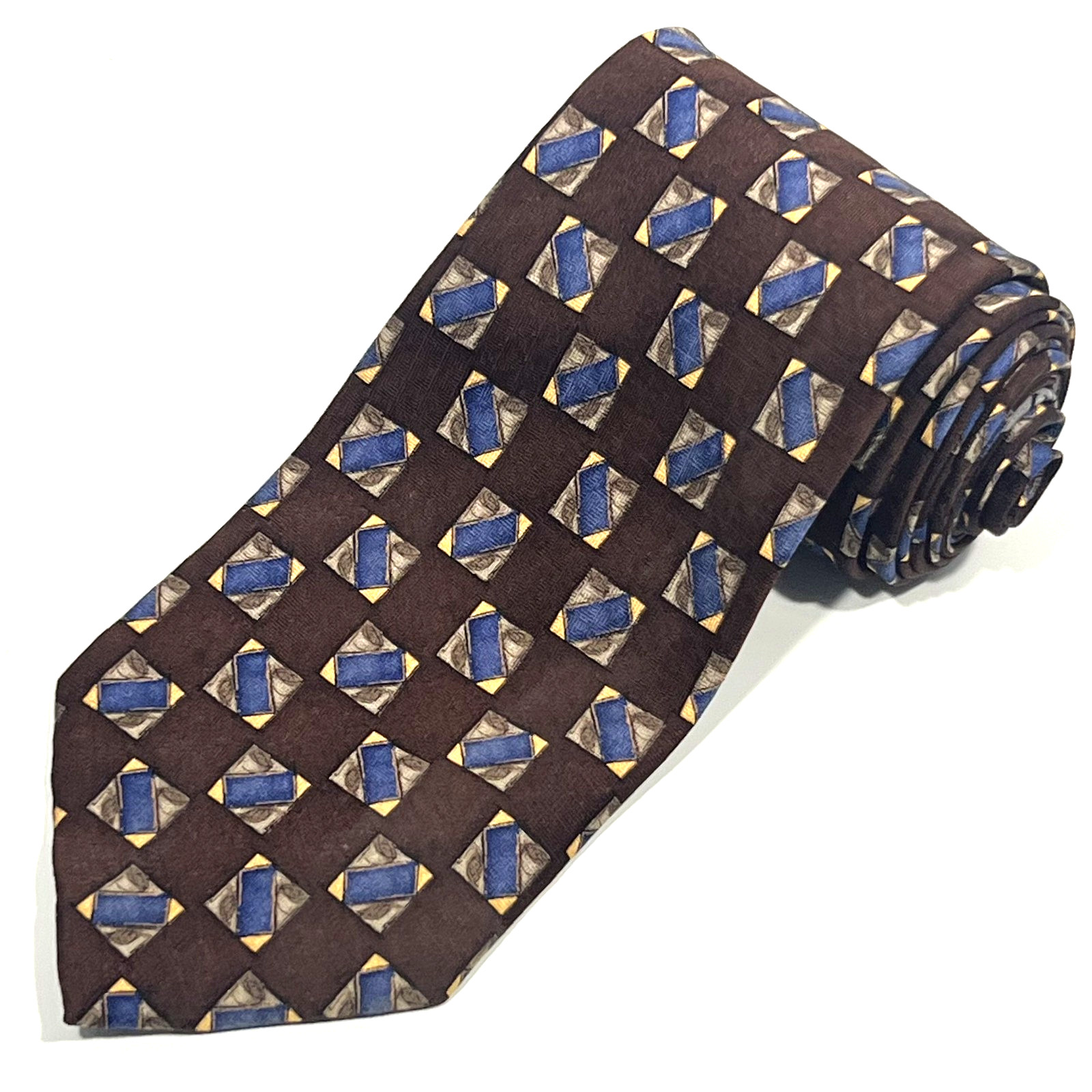 J.Z. Richards 100% Silk Mens Necktie Geometric Brown Blue Tan in Squares