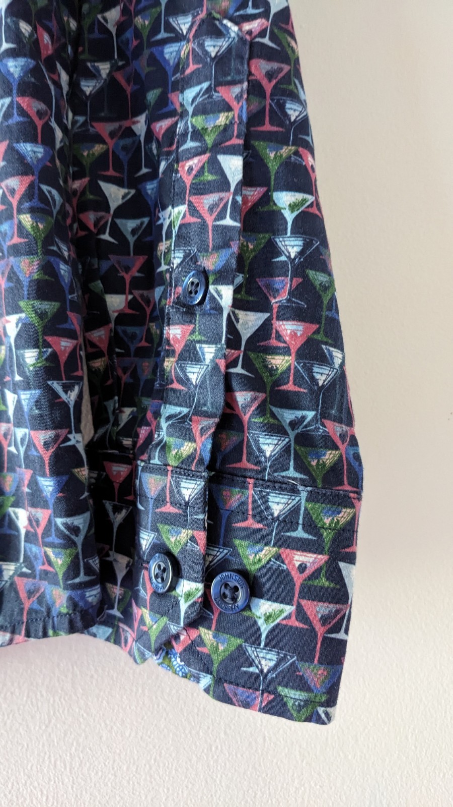 Johnston & Murphy Navy Multi Martini Print Long Sleeve Button Up Shirt,Size M