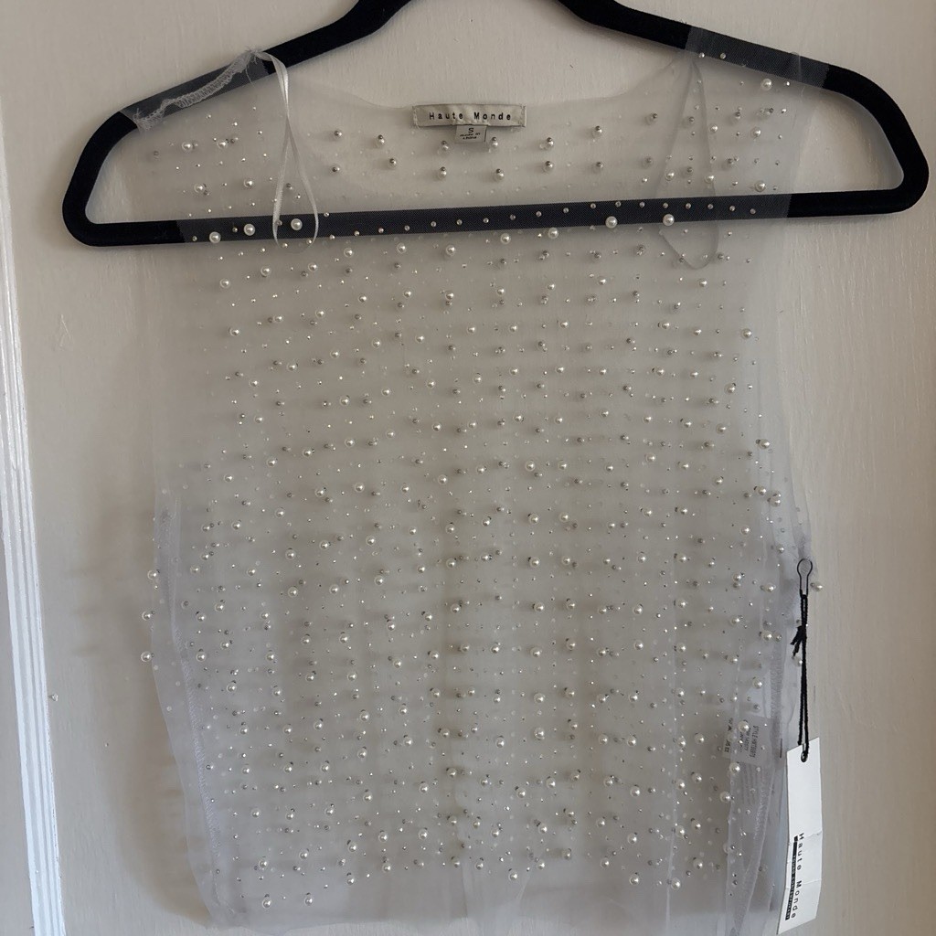 Haute Monde Women’s S White Solid Mesh Beaded Sheer Round Neck Sleeveless Top