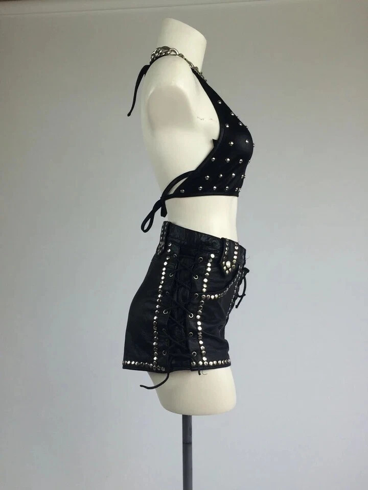 70s Vintage Biker Leather Shorts Women’s High Waisted Lace Up Studded Black Hot