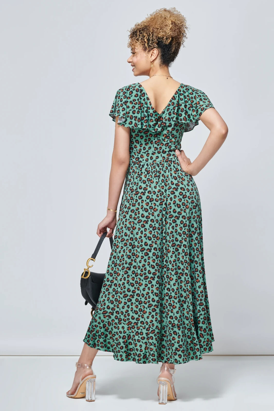 Jolie Moi Luciana Green Leopard Print Dip Hem Midi Dress. Size 18 UK