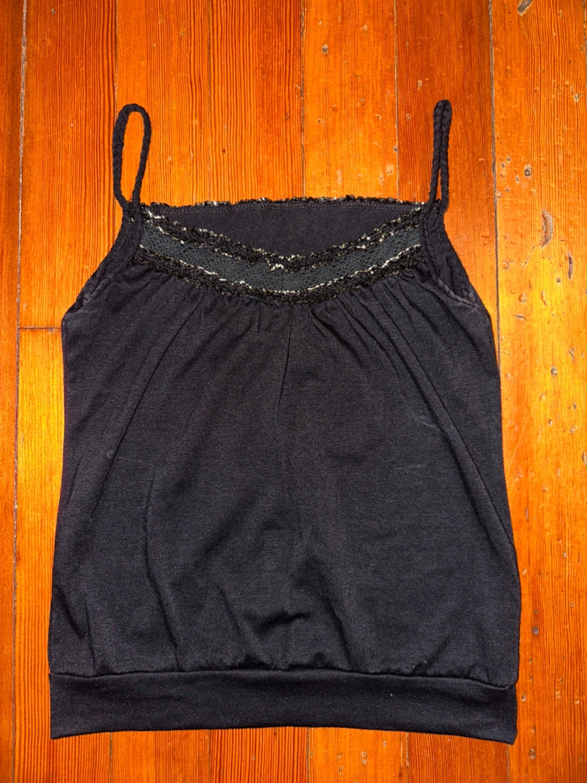 Black Lace Trim Metallic Shimmer Camisole Braided Spagetti Strap Tank Top