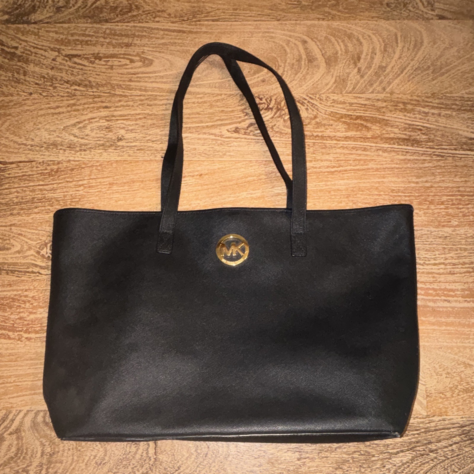 Michael Kors Large Black Tote Bag Gold Hardware MK Logo Snap Double Handles