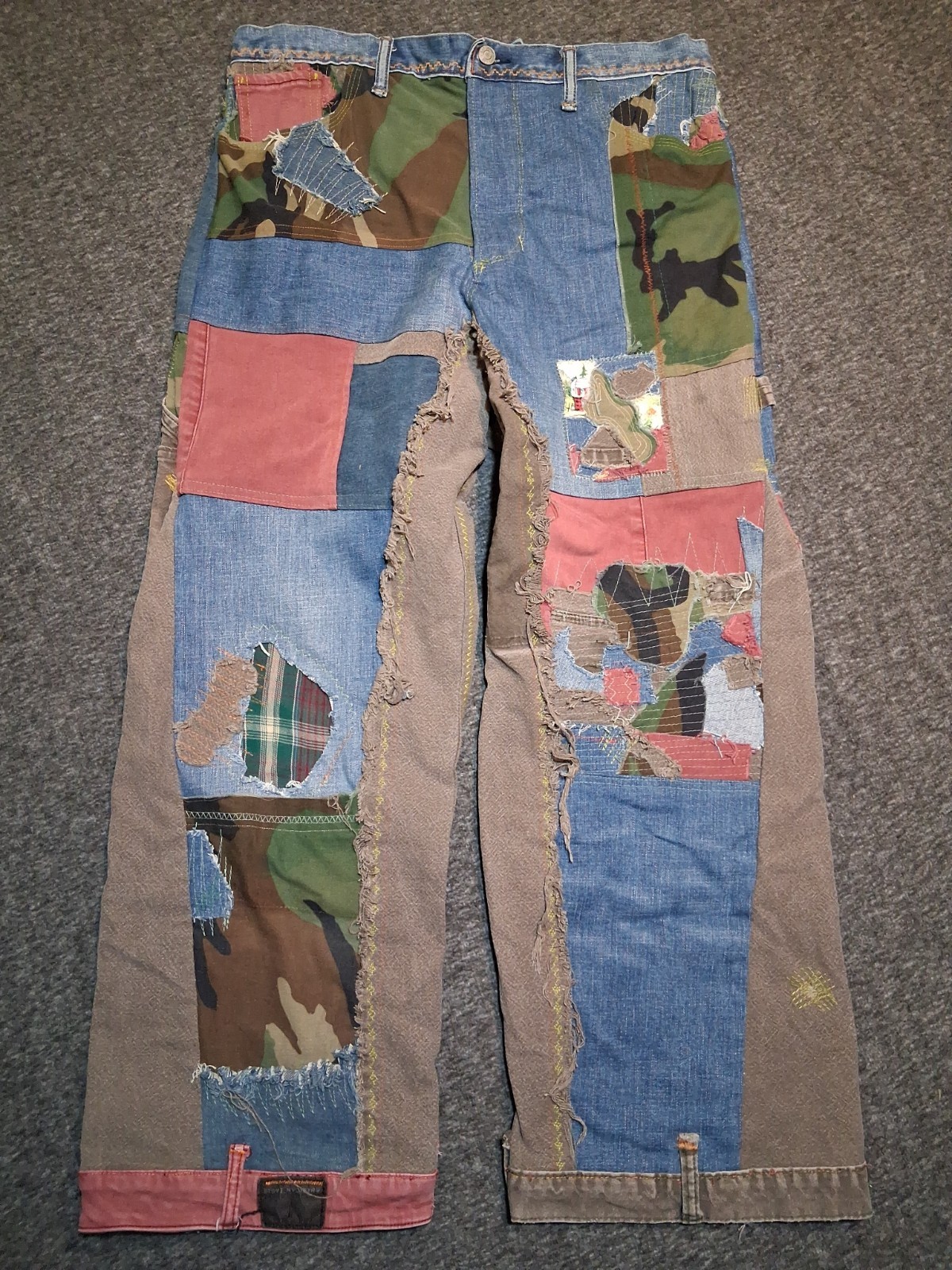 Handmade Patchwork Sz 32×28 Jeans StreetWear Distressed Carpenter Dopamine Camo