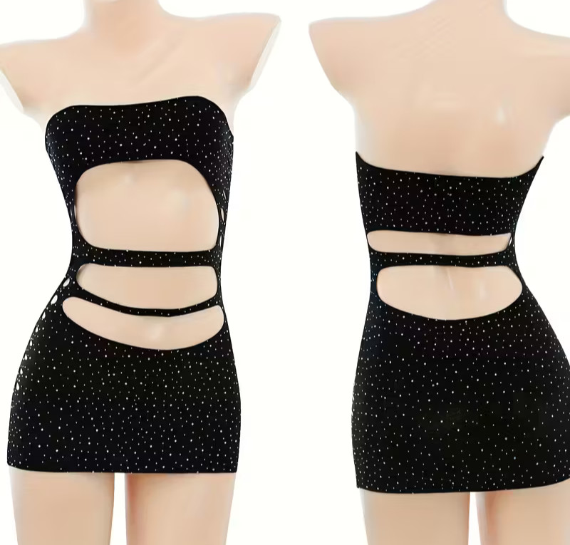NEW Asian 1-Size. Sexy Rhinestone Style No Straps or Sleeve Mesh Cut-Out Bodycon