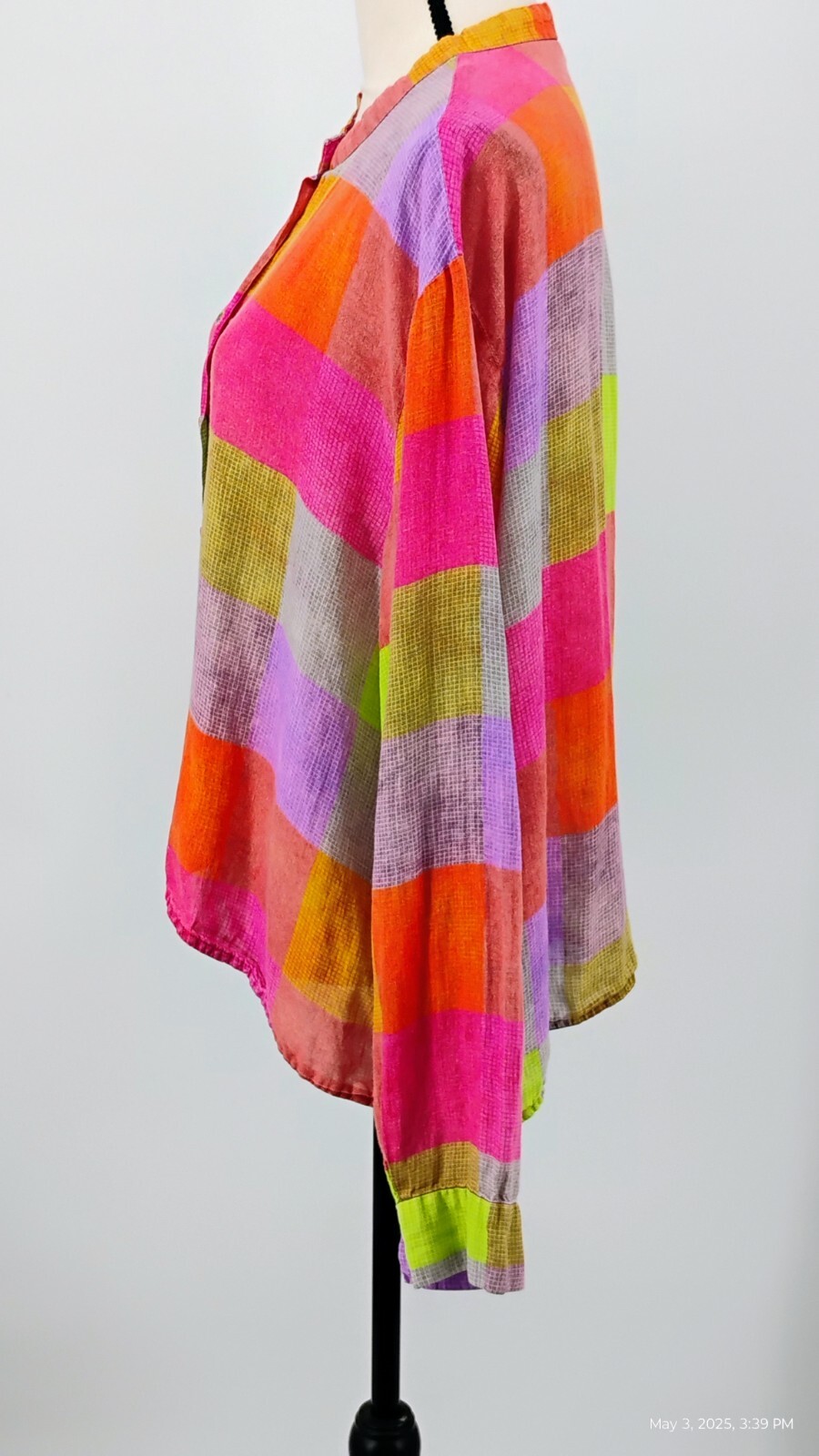 Buykud Irregular Plaid 100% Ramie Button Blouse Shirt Colorful Long Sleeve XL