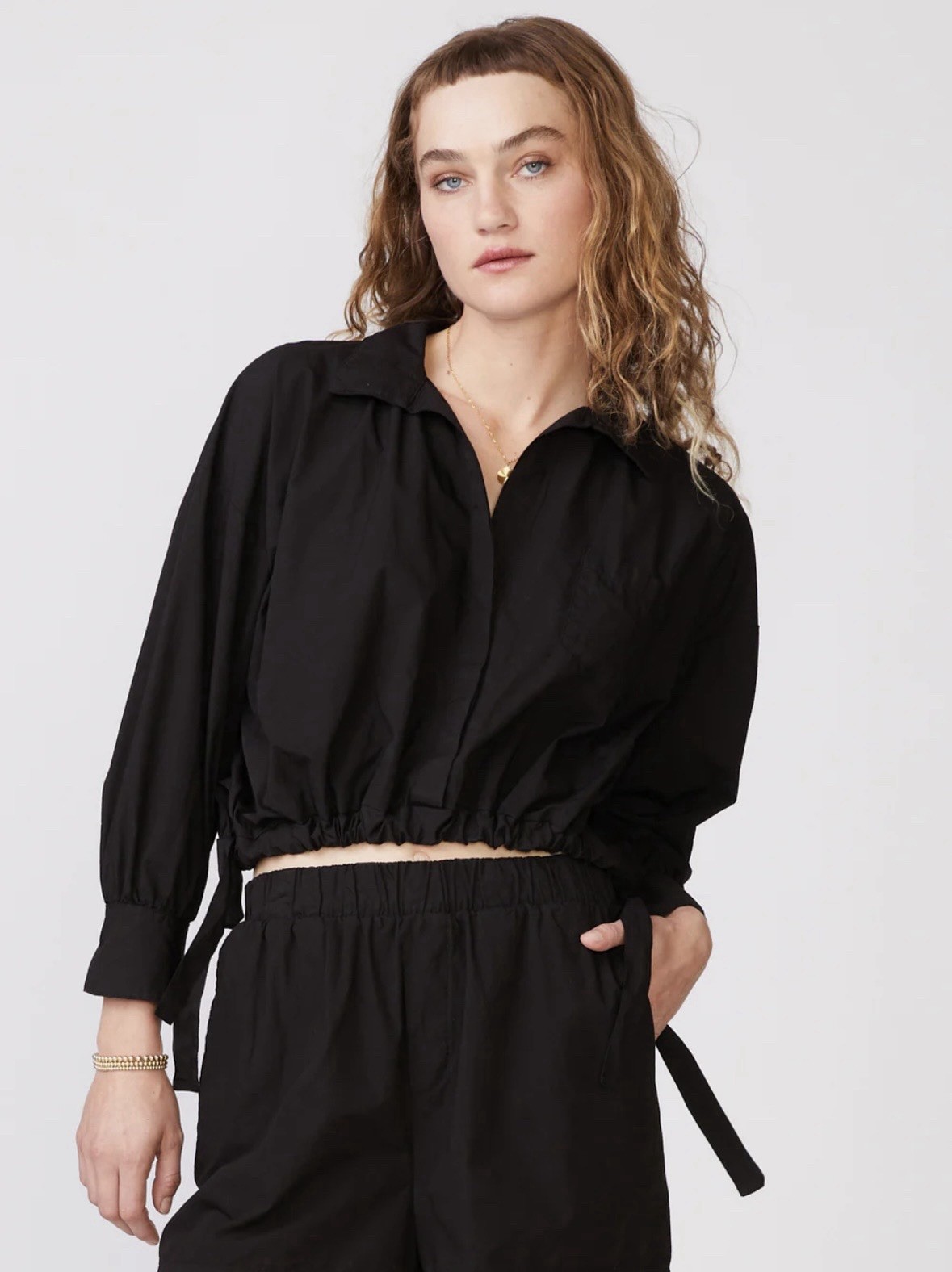 Stateside Structured Poplin Tie Hem Shirt In Black Size Medium