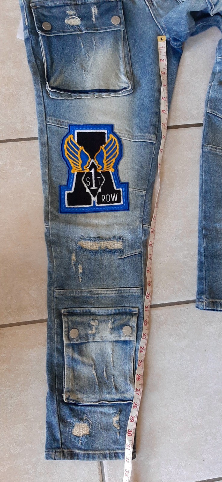 First Row Jeans Men 32/32 Distressed Patches Skinny Hip Hop Skater Streetwear B2