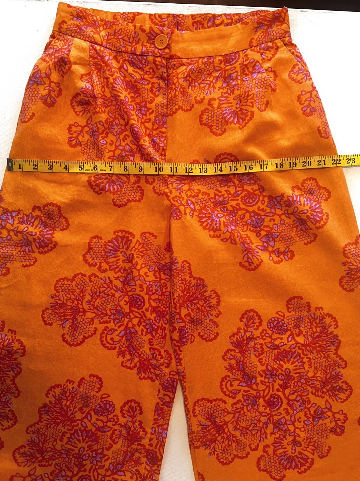Caroline Constas Wide Leg High Waist Linen Pants Sz Medium Orange Purple Paisley