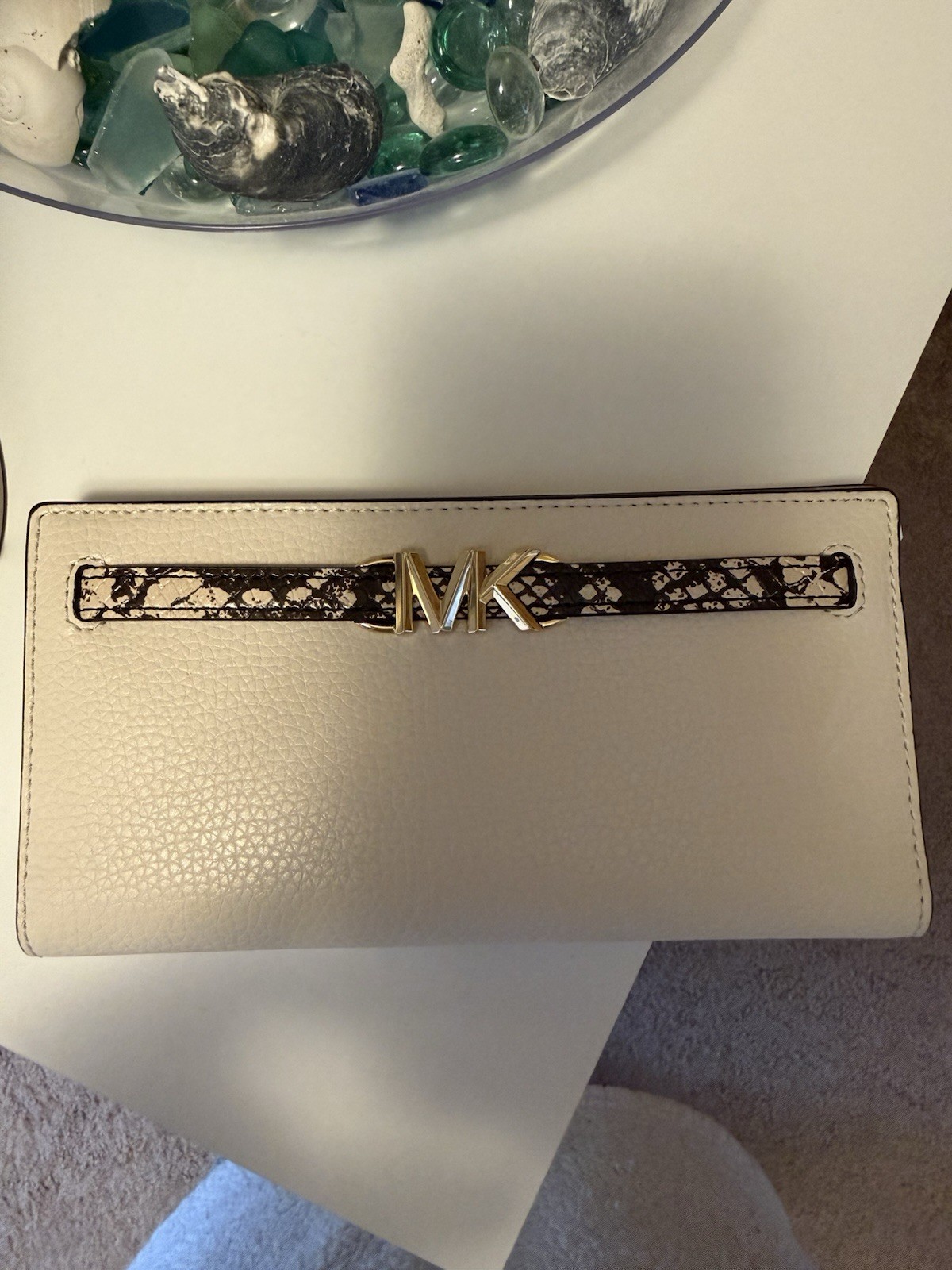 Michael Kors Cream Satchel Snake Print Trim Gold Hardware Zip Detachable Strap