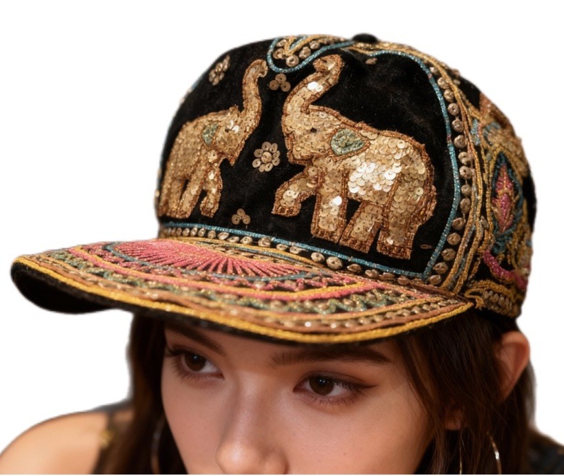 Vintage Sequined Hand Stitched Elephant Hat Made In Myanmar Burma