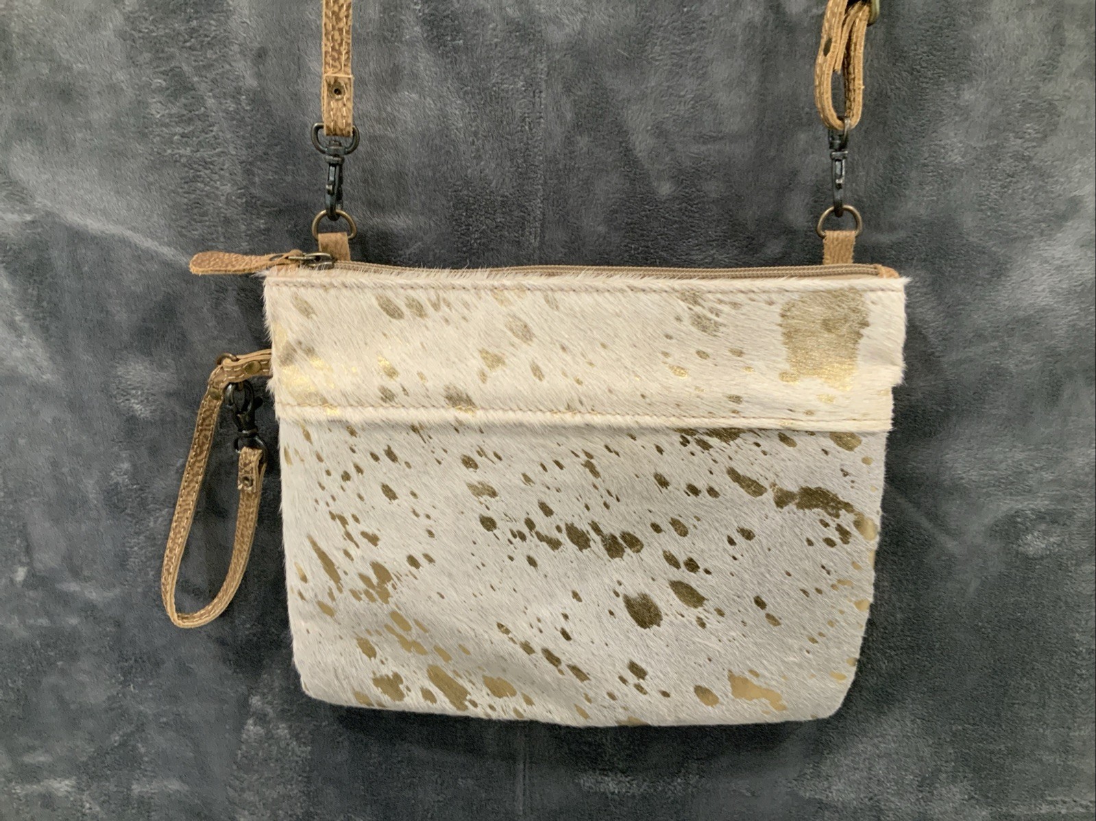 Myra Leather & Cowhide Brown, White & Gold Large Crossbody Purse Shoulderbag