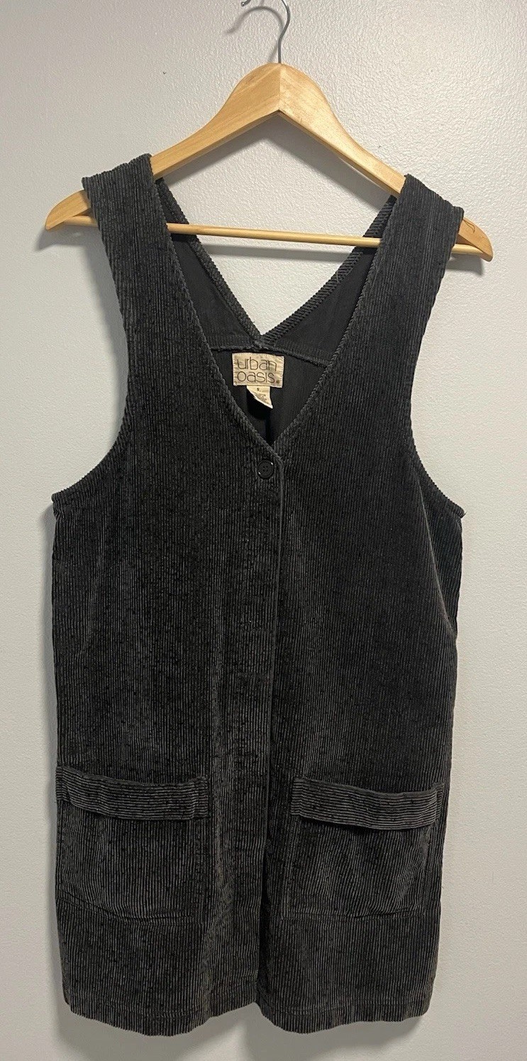 Vintage Y2K 90s Urban Oasis Gray Corduroy Jumper Dress Buttons Pockets Size S