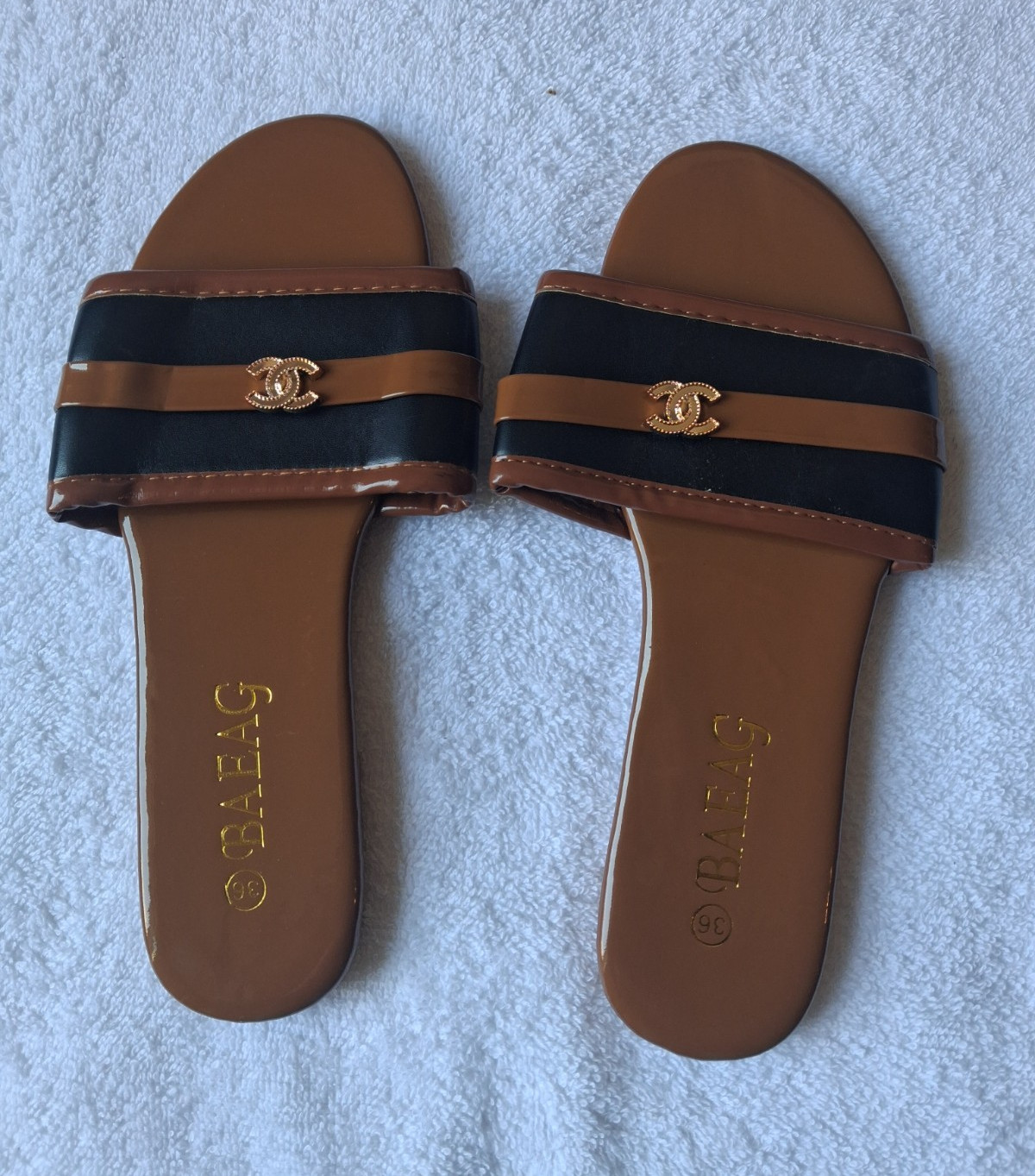 Women’s Brown/Black/Gold Slip-On Slide Sandals Open Toe Logo Straps EU 36