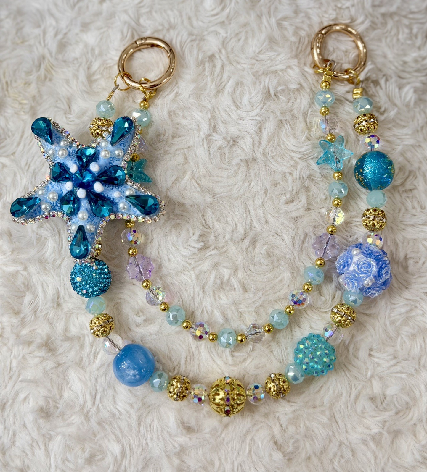 Crystal Light Blue and Gold Starfish Handbag and Keychain Charm