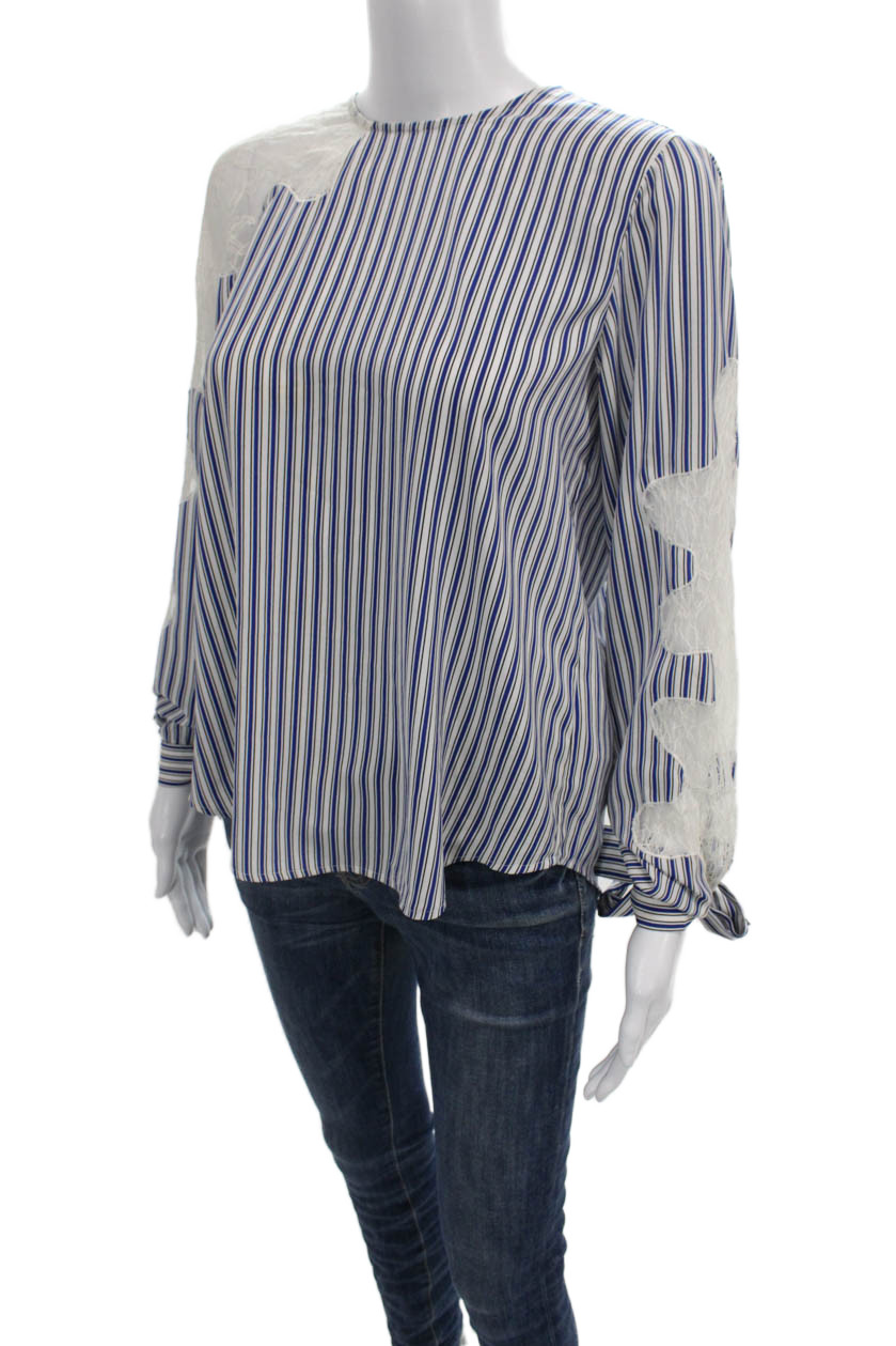 Robert Rodriguez Women Blue Striped Round Neck Long Sleeve Blouse Size S